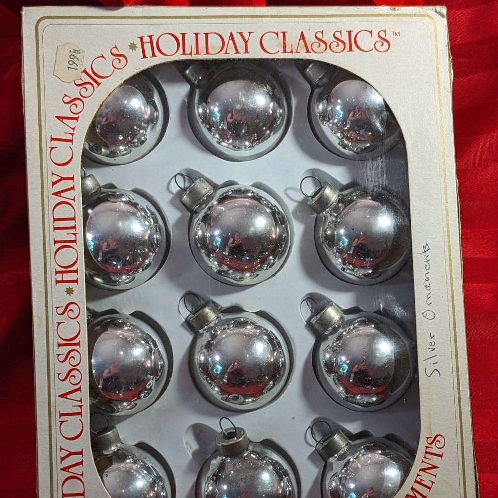 Vintage Box 12 Silver Glass Ornaments